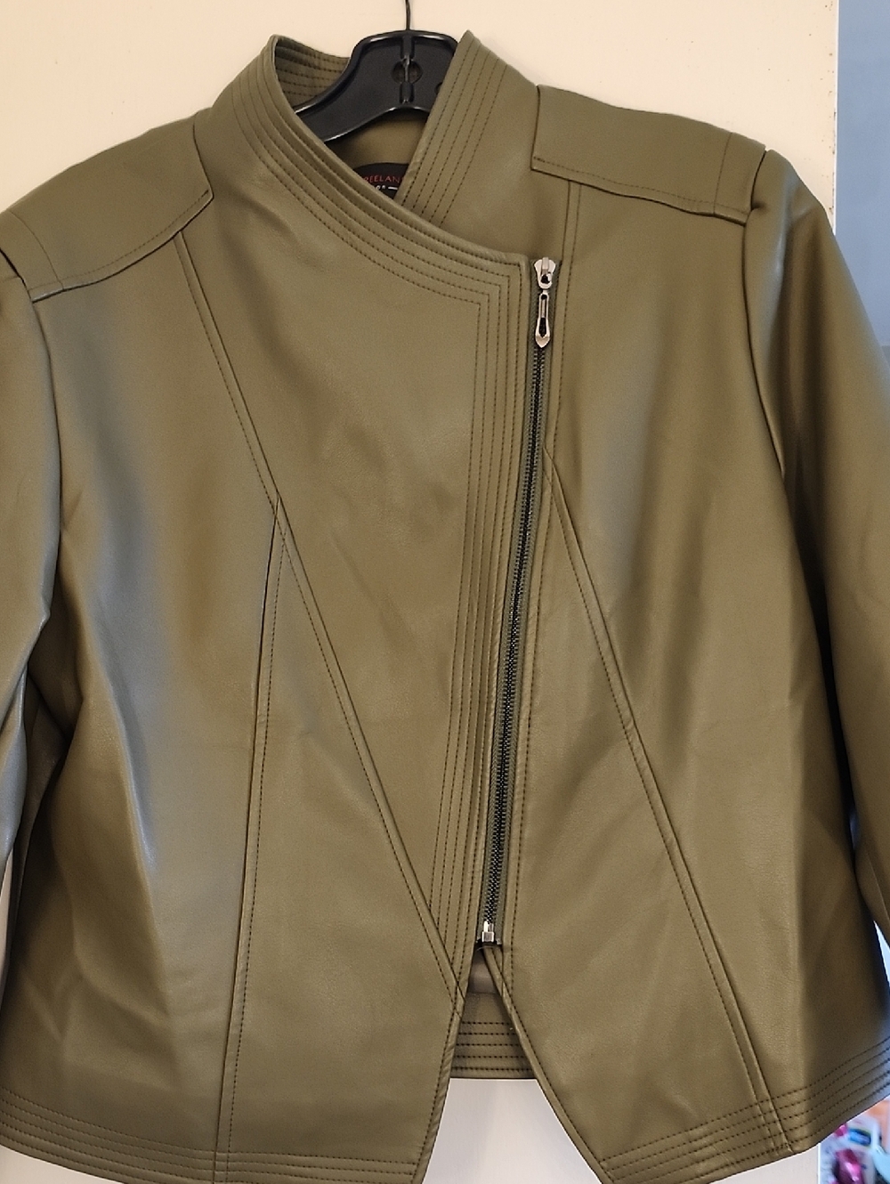 Olive Green Faux Leather Asymmetrical Zip Jacket